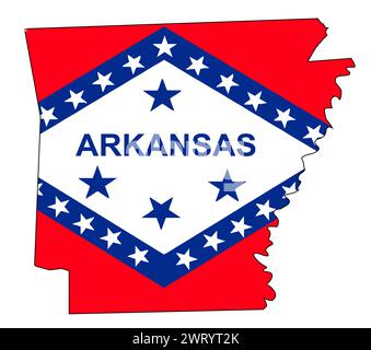 Die State Map umrahmt die Silhouette von Arkansas auf einem weißen Hintergrund mit Fahneneinlage Stockfoto