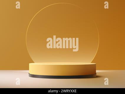 Schwarzer und gelber 3D-Podiumständer mit kreisförmigem Glashintergrund ist perfekt für Produktpräsentationen mit modernem Innenraumkonzept. Der Ständer ist auf einer Bodenplatte aufgestellt Stock Vektor