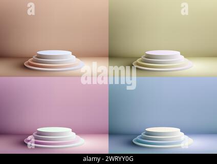 3D-realistische weiße Podiumsstufen stehen auf pastellfarbenem Hintergrund. Minimalistischer Stil. Er eignet sich perfekt für Produktdisplays, Präsentationen und vieles mehr. Vektorillustra Stock Vektor