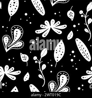 Nahtloses Neo Folk Art Vektormuster mit Blumen, schwarz-weißem Blumendesign. Endloser Hintergrund im Neo-Folk-Stil perfekt für Textildesign Stock Vektor