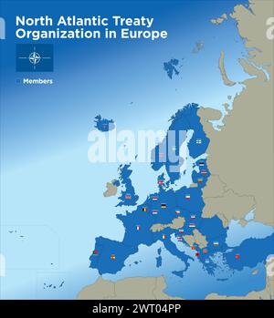 Nordatlantische Vertragsorganisation in Europa Karte mit der territorialen Aufteilung der staaten, Namen und Flaggen der Nationen, Vektorillustration, mar Stock Vektor