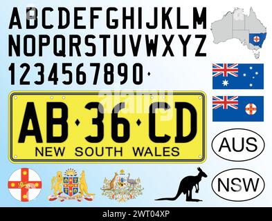 New South Wales Autokennzeichen Muster, Buchstaben, Zahlen und Symbole, Vektorillustration, Australien Stock Vektor