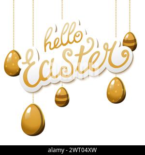Frühlingsgold hängende Eier mit dem Text Hello Easter auf Hintergrund. Abbildung in flacher Ausführung. Vektor Clipart für die Gestaltung von Karte, Banner, Flyer, Verkauf, Stock Vektor