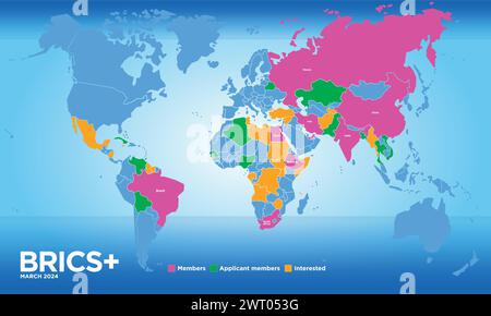 BRICS-Länderkarte im märz 2024 mit neuen Mitgliedern, internationaler Wirtschaftsorganisation, Vektor-Illustration Stock Vektor