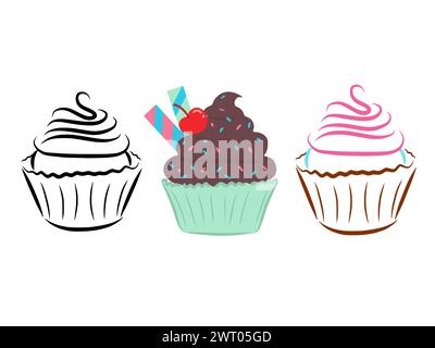 Süße Cupcakes Clipart mit Süßigkeiten und roten Kirschen drauf. Kuchen Muffins Cartoon mit bunten Creme Zuckerguss und Umrissvektor Bild Stock Vektor