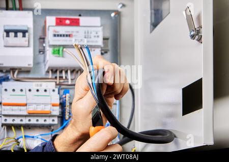 Trennen des Stromkabels von der äußeren Ummantelung, bevor die Kabel an die Sicherungsanschlüsse angeschlossen werden. Stockfoto