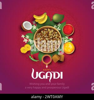 Happy Ugadi Neujahrsfest. Feiertag, der von den Einwohnern von Karnataka und Andhra Pradesh gefeiert wird. Abstrakte Vektorgrafik. Stock Vektor