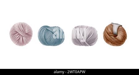 Satz Garnbällchen. Garnstränge zum Stricken. Aquarellabbildung von Händen. Isoliert. Für Aufkleber, Scrapbook, Postkarten, Garn oder Wolle Stockfoto