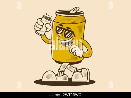 Maskottchen-Charakter-Illustration Design von Walking Beer Dose mit einer Bierdose in Vintage-Farbe Stock Vektor