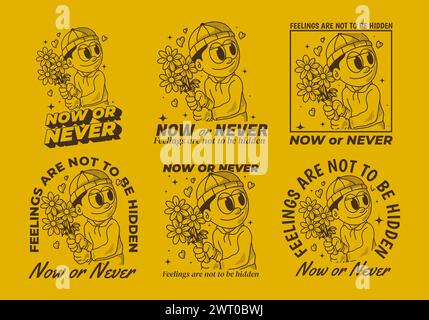 Jetzt oder nie. Vintage-Illustration eines Beanie-Typen, der eine Blume hält Stock Vektor