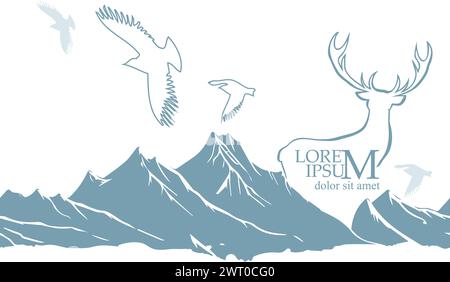Berghirsche und fliegende Vögel. Handzeichnung. Nicht AI, Vektorillustration Stock Vektor