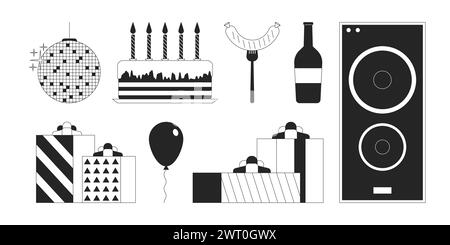 Geburtstagsfeier Schwarz-weiß 2D-Linie Zeichentrickobjekte Set Stock Vektor
