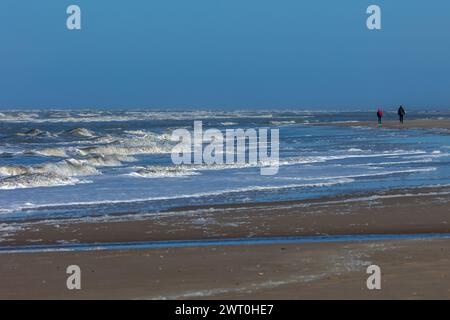 Egmond aan Zee, Niederlande - 17. März 2022: Wellen in der rauen Nordsee mit einigen Menschen, die in der Sonne am Ufer entlang laufen Stockfoto