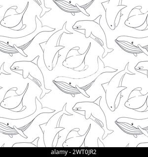Unterwasser- und Meerestiere nahtloses Muster im Line Art Stil. Süßer Hai, Blauwal, Stachelrochen und Killerwal. Wilde Meeresbewohner. Vektor Stock Vektor
