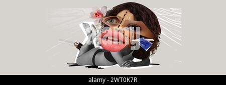 Moderne Schönheitsstandards. Junge Frau, die Gesichtsinjektionen, Lippenvergrößerung und Gesichtsliftin macht. Zeitgenössische Kunstcollage. Stockfoto