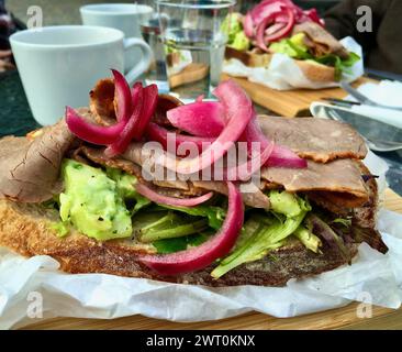 Mittagessen im Freien mit köstlichem Sandwich mit Roastbeef, Gemüse und eingelegter roter Zwiebeln. Stockfoto