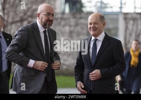 Bundeskanzler Olaf Scholz SPD begruesst Charles Michel, Praesident des Europaeischen Rates, im Bundeskanzleramt in Berlin, 15.03.2024. Berlin Deutschland *** Bundeskanzler Olaf Scholz SPD begrüßt den Präsidenten des Europäischen Rates Charles Michel im Bundeskanzleramt in Berlin, 15 03 2024 Berlin Deutschland Copyright: xLorenzxHuterxphotothek.dex Stockfoto