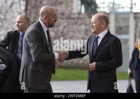 Bundeskanzler Olaf Scholz SPD begruesst Charles Michel, Praesident des Europaeischen Rates, im Bundeskanzleramt in Berlin, 15.03.2024. Berlin Deutschland *** Bundeskanzler Olaf Scholz SPD begrüßt den Präsidenten des Europäischen Rates Charles Michel im Bundeskanzleramt in Berlin, 15 03 2024 Berlin Deutschland Copyright: xLorenzxHuterxphotothek.dex Stockfoto