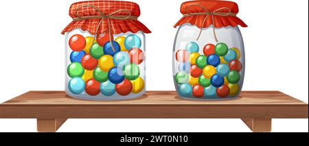 Zwei Gläser gefüllt mit bunten Bonbons auf dem Regal Stock Vektor