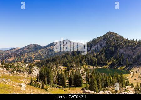 Blick aus der Vogelperspektive auf das klare Wasser und die zerklüfteten Gipfel des Lake Catherine Stockfoto