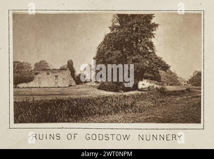 Ruinen des Klosters Godstow. Henry W. Taunt, Fotograf (britischer Fotograf, 1842–1922) um 1886 eines von zwei Fotos, die eine gedruckte Karte von Cassington, Wytham und der Umgebung entlang der Themse illustrieren. Das Foto zeigt einen Blick auf die mit Efeu bedeckten Ruinen von Godstow Abbey am grasbewachsenen Fluss. Unter einem großen Baum, der neben den Ruinen wächst, ist ein Zauntor zu sehen, und im Hintergrund befindet sich ein Steingebäude, möglicherweise das Forelle Inn. (Recto, Mount) unten in der Mitte, Bild unten, in schwarzer Tinte gedruckt: 'RUINEN DES KLOSTERS VON GODSTOW' Stockfoto