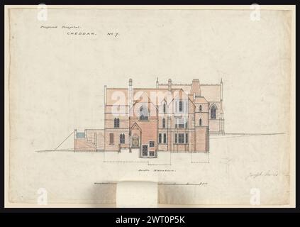 St. Michael's Home, Cheddar Axbridge, Somerset, 1878-1882: Verschiedene Pläne, Erhebungen, und Abschnitte . Butterfield, William 1878-1882 Eine weitgehend repräsentative Auswahl von Zeichnungen für den Bau und die Herstellung von Entwürfen, die die verschiedenen Arten von Aufträgen darstellen, die Butterfield erhielt und seine Arbeit zur Förderung des Gothic Revival illustrieren. Ebenfalls enthalten sind Schätzungen sowie Aufzeichnungen (gemessene Zeichnungen) von Gebäuden, die nicht von Butterfield entworfen wurden. William Butterfield (1814–1900) war ein britischer Architekt, der für seinen gotischen Revival-Stil bekannt war. Er studierte bei E. L. Blackburne an Stockfoto