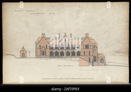 St. Michael's Home, Cheddar Axbridge, Somerset, 1878-1882: Verschiedene Pläne, Erhebungen, und Abschnitte . Butterfield, William 1878-1882 Eine weitgehend repräsentative Auswahl von Zeichnungen für den Bau und die Herstellung von Entwürfen, die die verschiedenen Arten von Aufträgen darstellen, die Butterfield erhielt und seine Arbeit zur Förderung des Gothic Revival illustrieren. Ebenfalls enthalten sind Schätzungen sowie Aufzeichnungen (gemessene Zeichnungen) von Gebäuden, die nicht von Butterfield entworfen wurden. William Butterfield (1814–1900) war ein britischer Architekt, der für seinen gotischen Revival-Stil bekannt war. Er studierte bei E. L. Blackburne an Stockfoto