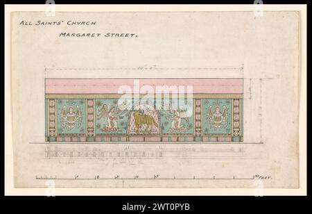 All Saint's Margaret Street, London: Altar frontal, um 1859. Butterfield, William um 1859 Eine weitgehend repräsentative Auswahl von Zeichnungen für den Bau und die Herstellung von Entwürfen, die die verschiedenen Arten von Aufträgen darstellen, die Butterfield erhielt und seine Arbeit zur Förderung des Gothic Revival illustrieren. Ebenfalls enthalten sind Schätzungen sowie Aufzeichnungen (gemessene Zeichnungen) von Gebäuden, die nicht von Butterfield entworfen wurden. William Butterfield (1814–1900) war ein britischer Architekt, der für seinen gotischen Revival-Stil bekannt war. Er studierte bei E. L. Blackburne und gründete 1840 eine eigene Praxis. A Stockfoto