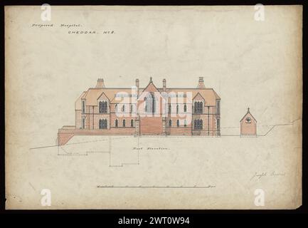 St. Michael's Home, Cheddar Axbridge, Somerset, 1878-1882: Verschiedene Pläne, Erhebungen, und Abschnitte . Butterfield, William 1878-1882 Eine weitgehend repräsentative Auswahl von Zeichnungen für den Bau und die Herstellung von Entwürfen, die die verschiedenen Arten von Aufträgen darstellen, die Butterfield erhielt und seine Arbeit zur Förderung des Gothic Revival illustrieren. Ebenfalls enthalten sind Schätzungen sowie Aufzeichnungen (gemessene Zeichnungen) von Gebäuden, die nicht von Butterfield entworfen wurden. William Butterfield (1814–1900) war ein britischer Architekt, der für seinen gotischen Revival-Stil bekannt war. Er studierte bei E. L. Blackburne an Stockfoto