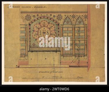 Belfast St. Mark's Church, Dundela Ireland, 1876. Butterfield, William 1876 Design für die Ostmauer. Eine weitgehend repräsentative Auswahl von Zeichnungen für den Bau und die Herstellung von Entwürfen, die die verschiedenen Arten von Aufträgen darstellen, die Butterfield erhielt, und veranschaulicht seine Arbeit zur Förderung des Gothic Revival. Ebenfalls enthalten sind Schätzungen sowie Aufzeichnungen (gemessene Zeichnungen) von Gebäuden, die nicht von Butterfield entworfen wurden. William Butterfield (1814–1900) war ein britischer Architekt, der für seinen gotischen Revival-Stil bekannt war. Er studierte bei E. L. Blackburne und gründete seine eigene Praxis in 1 Stockfoto