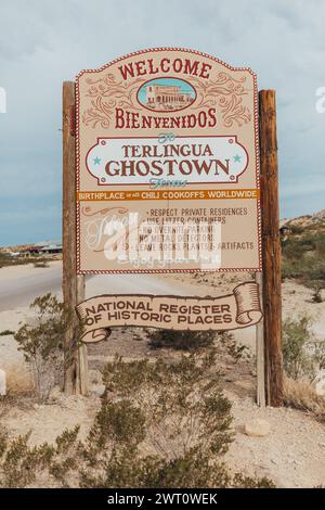 Willkommensschild in der historischen Geisterstadt Terlingua Texas Stockfoto