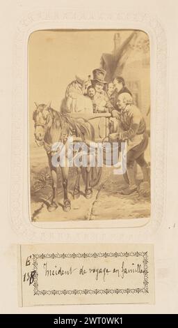 Vorfall de Voyage en famille. Vallette, Fotograf (französisch, aktiv Paris, Frankreich 1870er Jahre) um 1860–1880 Eine Fotografie eines Gemäldes, das eine Familie darstellt, die mit einem Pferdewagen reist. Ein Mann, eine Frau und ein weinendes Baby sind im Wagen. Ein älterer Mann steht neben dem Wagen und hält einen Eimer Wasser. (Recto, Albumseite) unten in der Mitte, unter dem Bild, schwarze Tinte auf weißem Papieretikett: "E/138 [space] Incident de Voyage en famille"; Stockfoto