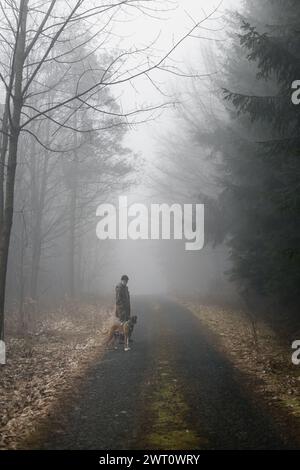 Mann in der Ferne, der im Winter einen Hund im düsteren nebelwald führt Stockfoto