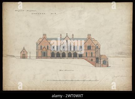 St. Michael's Home, Cheddar Axbridge, Somerset, 1878-1882: Verschiedene Pläne, Erhebungen, und Abschnitte . Butterfield, William 1878-1882 Eine weitgehend repräsentative Auswahl von Zeichnungen für den Bau und die Herstellung von Entwürfen, die die verschiedenen Arten von Aufträgen darstellen, die Butterfield erhielt und seine Arbeit zur Förderung des Gothic Revival illustrieren. Ebenfalls enthalten sind Schätzungen sowie Aufzeichnungen (gemessene Zeichnungen) von Gebäuden, die nicht von Butterfield entworfen wurden. William Butterfield (1814–1900) war ein britischer Architekt, der für seinen gotischen Revival-Stil bekannt war. Er studierte bei E. L. Blackburne an Stockfoto