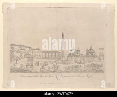 Veduta generale della Piazza del Popolo, 1835. Cottafavi, Gaetano, aktiv 1837-1864, Ätzer. 1835 Piazza del Popolo der Druck zeigt die Piazza del Popolo aus dem Norden mit Blick auf das Dreizelt der Via del Babuino, Via del Corso und Via di Ripetta. Die Zwillingskirchen Santa Maria di Montesanto und Santa Maria dei Miracoli und der Obelisken sind rechts abgebildet und die Villa Medici erscheint links. Im Vordergrund sind links eine Reihe von Kutschen abgebildet, rechts umgibt eine Menge Tänzer. Mit Pecci-Blunts Sammlermarken, in schwarzer Tinte, unten rechts han Stockfoto