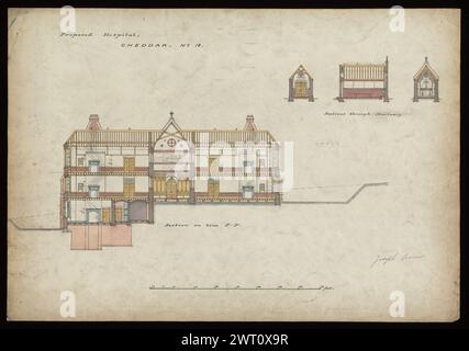 St. Michael's Home, Cheddar Axbridge, Somerset, 1878-1882: Verschiedene Pläne, Erhebungen, und Abschnitte . Butterfield, William 1878-1882 Eine weitgehend repräsentative Auswahl von Zeichnungen für den Bau und die Herstellung von Entwürfen, die die verschiedenen Arten von Aufträgen darstellen, die Butterfield erhielt und seine Arbeit zur Förderung des Gothic Revival illustrieren. Ebenfalls enthalten sind Schätzungen sowie Aufzeichnungen (gemessene Zeichnungen) von Gebäuden, die nicht von Butterfield entworfen wurden. William Butterfield (1814–1900) war ein britischer Architekt, der für seinen gotischen Revival-Stil bekannt war. Er studierte bei E. L. Blackburne an Stockfoto