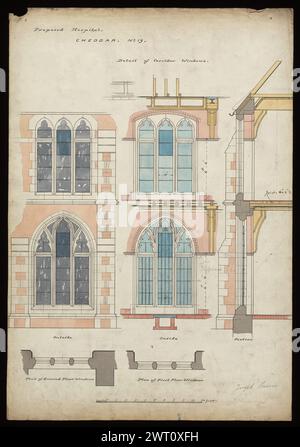 St. Michael's Home, Cheddar Axbridge, Somerset, 1878-1882: Verschiedene Pläne, Erhebungen, und Abschnitte . Butterfield, William 1878-1882 Eine weitgehend repräsentative Auswahl von Zeichnungen für den Bau und die Herstellung von Entwürfen, die die verschiedenen Arten von Aufträgen darstellen, die Butterfield erhielt und seine Arbeit zur Förderung des Gothic Revival illustrieren. Ebenfalls enthalten sind Schätzungen sowie Aufzeichnungen (gemessene Zeichnungen) von Gebäuden, die nicht von Butterfield entworfen wurden. William Butterfield (1814–1900) war ein britischer Architekt, der für seinen gotischen Revival-Stil bekannt war. Er studierte bei E. L. Blackburne an Stockfoto