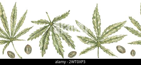 Cannabis hinterlässt nahtlose Grenzen. Illustration des Wiederholungsrahmens für Aquarelle. Hanf medizinisches Kräutermuster. Cannabis Hand gezeichnete Medizin Pflanze endlose Grenze Stockfoto