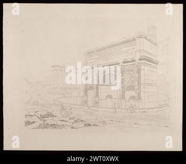Konstantinbogen aus Antichità di Roma recentemente scavate fino all'antico Piano, 1817. 1817 die Suite zeigt antike Stätten und Denkmäler, die kürzlich in Rom ausgegraben wurden und von Simone Pomardi gezeichnet wurden, der sorgfältig architektonische Dekorationen und Inschriften auf den Ruinen gemacht hat. Einzelne Ausdrucke in der Serie haben keinen Titel. Impressum: Rom. Wasserzeichen: C. & I. Honig (Titelseite). Anna Laetitia Pecci-Blunt sammelte Drucke, veröffentlichte Werke, Zeichnungen und Gemälde, die thematisch auf die Stadt Rom ausgerichtet waren. Ihre Sammlung umfasste Ansichten, Pläne, Karten von Rom und Darstellungen der Einwohner von t Stockfoto