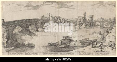 Großer Blick auf Rom mit der Tiberinsel im Zentrum, undatiert. Nieulandt, Willem van, II, 1579-1641, Stecher. Ponte Emilio (Ponte Rotto) der Druck zeigt den Tiber und die Brücken Roms, von links nach rechts die Ponte Santa Maria, heute bekannt als Ponte Rotto oder Ponte Emilio, die Ponte Cestio, die Isola Tiberina oder die Tiberinsel. und der Ponte Fabricio, auch bekannt als Ponte dei Quattro Capi. Zu dieser Zeit galt die Ponte Santa Maria als eine Hauptschlagader Roms und wurde trotz mehrerer Einsturzfälle im 16. Jahrhundert wiederholt restauriert. In diesem Bild Stockfoto