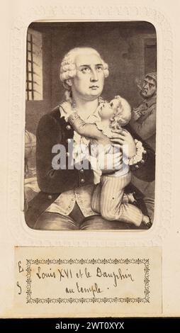 Louis XVI et le Dauphin au Temple. Alfred Nicolas Billard, Fotograf (französisch, geboren 1833) um 1874 Eine gemalte Szene, in der Ludwig XVI. Seinen Sohn, den zukünftigen Ludwig XVII., im Pariser Tempel verabschiedet, in dem beide inhaftiert waren. Ludwig XVI. Wird gezeigt, wie er das Kind hält, das seine Arme um seinen Vater hat. Beide schauen nach oben. Ein dritter Mann steht im Hintergrund und raucht. (Verso, Mount) obere Mitte, schwarze Tinte: 'Souvenir du Pélerinage de [unleserlich]/N. D. de Verdelais 28 Mai 1874"; Mitte links, schwarze Tinte: "Louis XVI. ROI de France. Mort en 1793.'; Mitte, schwarz aufgedruckter Text: Stockfoto