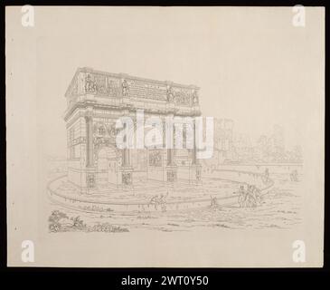 Bogen des Septimius Severus mit dem Tempel des Saturn im Hintergrund von Antichità di Roma recentemente scavate fino all'antico Piano, 1817. 1817 die Suite zeigt antike Stätten und Denkmäler, die kürzlich in Rom ausgegraben wurden und von Simone Pomardi gezeichnet wurden, der sorgfältig architektonische Dekorationen und Inschriften auf den Ruinen gemacht hat. Einzelne Ausdrucke in der Serie haben keinen Titel. Impressum: Rom. Wasserzeichen: C. & I. Honig (Titelseite). Anna Laetitia Pecci-Blunt sammelte Drucke, veröffentlichte Werke, Zeichnungen und Gemälde, die thematisch auf die Stadt Rom ausgerichtet waren. Ihre Sammlung umfasste Ansichten, Pläne, m Stockfoto