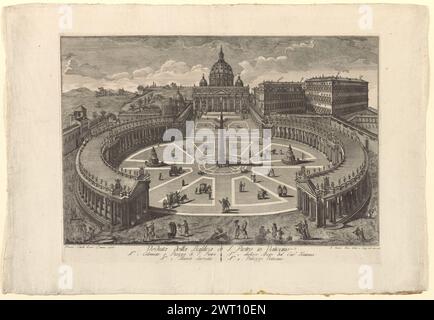 Veduta della Basilica di S. Pietro im Vaticano, 1785. Brun, Giovanni, 1754-Ätzer. 1785 Basilika St.. Peter im Vatikan gezeichnet und geätzt von Brun im Jahre 1785, nach den Inschriften, zeigt der Druck den heiligen Peter und die piazza mit Berninis Kolonnade. Vier Merkmale wurden identifiziert, darunter der Säulengang und die piazza, der Obelisk von Domenico Fontana, die neue Sakristei und der päpstliche Palast. Die umliegenden Gebäude sind ebenfalls sichtbar und eine Reihe von Personen und Wagen durchqueren den Platz. Impressum: [Rom], Presso Carlo Losi. Anna Laetitia Pecci-Blunt sammelte Drucke, veröffentlicht Stockfoto