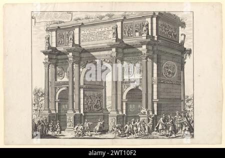 Facciata dell'arco antico di Costantino che risguarda l'Anfiteatro di Flavio detto il Colosseo, 1692. Girelli, Pietro Paolo, aktiv 1690, Druckerei. 1692 Konstantinsbogen der Druck nach einer Zeichnung von Giuseppe Tiburzio Vergelli, der Inschrift zufolge, zeigt den Konstantinsbogen mit einer Reihe von Figuren im Vordergrund und detaillierten Darstellungen der Skulptur und Basreliefs. Mit dem Sammlerzeichen von Alessandro Castagnari auf der Rückseite (Initialen „A.C.“ mit dem kapitolinischen Wolf von Rom, Lugt 86a). Impressum: Rom, Matteo Gregorio Rossi, Piazza Navona. Anna Laetitia Stockfoto