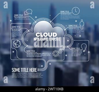 Vektor-Infografik-Vorlage aus Linien und Symbolen mit Cloud-Computer-Speicher und Platzhalter für Hintergrundfotos im Unternehmen. Moderne Technologie Info Stock Vektor