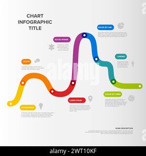 Einfache Zeitachsenvorlage für Diagramme aus dicken Liniensegmenten in Regenbogenfarben. Mehrzweck-Infochart-Vorlage, in der die wichtigsten Meilensteine oder wichtigen Hirsche angezeigt werden Stock Vektor