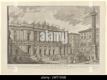 Prospetto della facciata del palazzo d'abbitazione in Roma à Piazza Colonna del Emo, e rmo sig.r Card. D. Francesco de Solis, arciv.o di Siviglia fatta illuminare il di 10. 11. 12. agosto 1769, ca. 1769. Ottaviani, Giovanni, 1735-1808, Ätzer. [Ca. 1769] Palazzo de Solis der Druck nach einer Zeichnung von Nicola Giansimoni zeigt den palazzo von Francisco de Solis, Kardinal und Erzbischof von Sevilla. Die Fassade des Palastes wurde von dem Architekten Nicola Giansimoni neu gestaltet. Laut einer gedruckten Beschreibung, die im selben Jahr veröffentlicht wurde, werden Feierlichkeiten zu Ehren des Heiligen Lorenz abgehalten. T Stockfoto