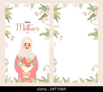 Happy Mothers Day Poster. Süße muslimische Frau im Hijab mit Blumenstrauß. Islamischer weiblicher ethnischer Charakter auf weißem Hintergrund mit Blume. Vertikal isoliert Stock Vektor