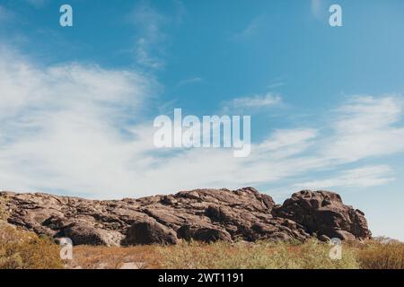Weite Aufnahme von Felsformationen im Hueco State Park und der historischen Stätte Stockfoto