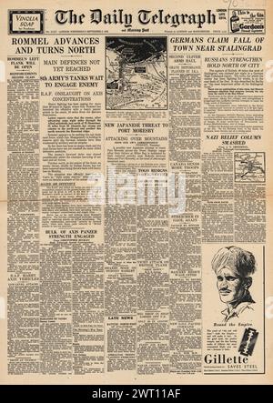 1942 die Titelseite des Daily Telegraph berichtet über die Schlacht um Stalingrad und Nordafrika Stockfoto